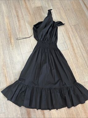 Monica Nera Shoulder tie ruched waist ruffle skirt midi cotton dress size XS